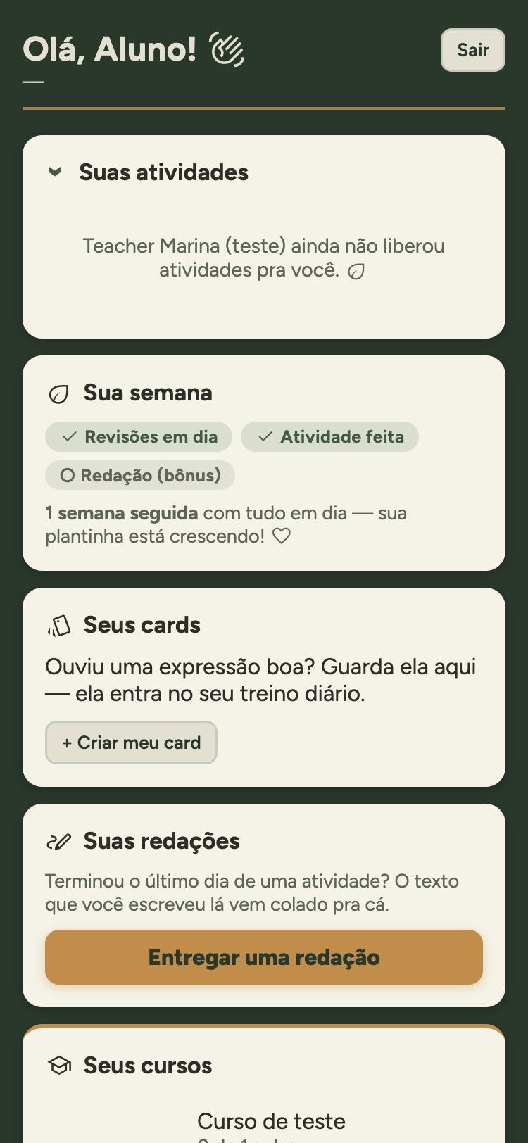 A tela do aluno: atividades, semana, cards, redações e cursos