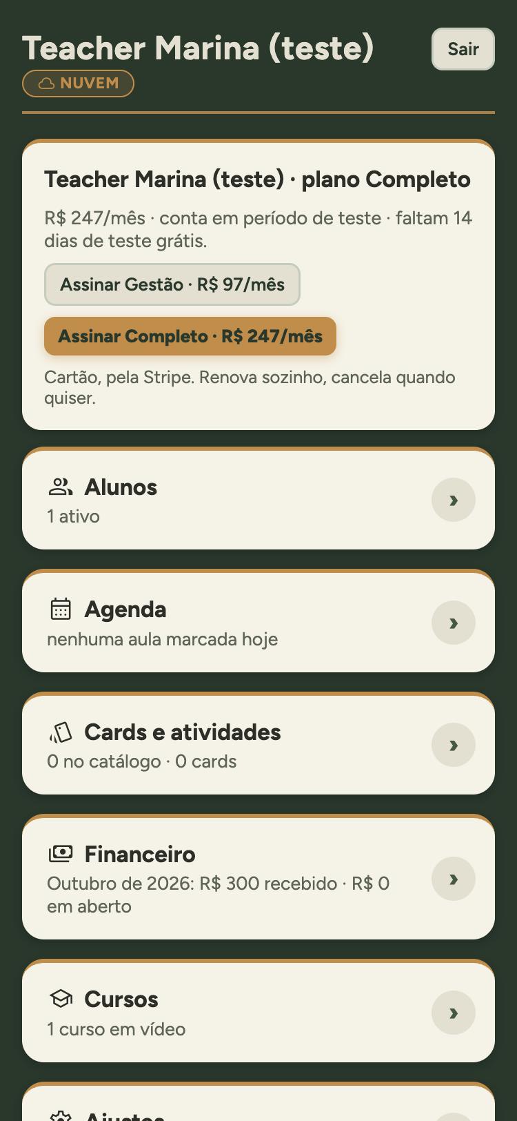 A tela do professor: alunos, agenda, cards, financeiro, cursos e ajustes